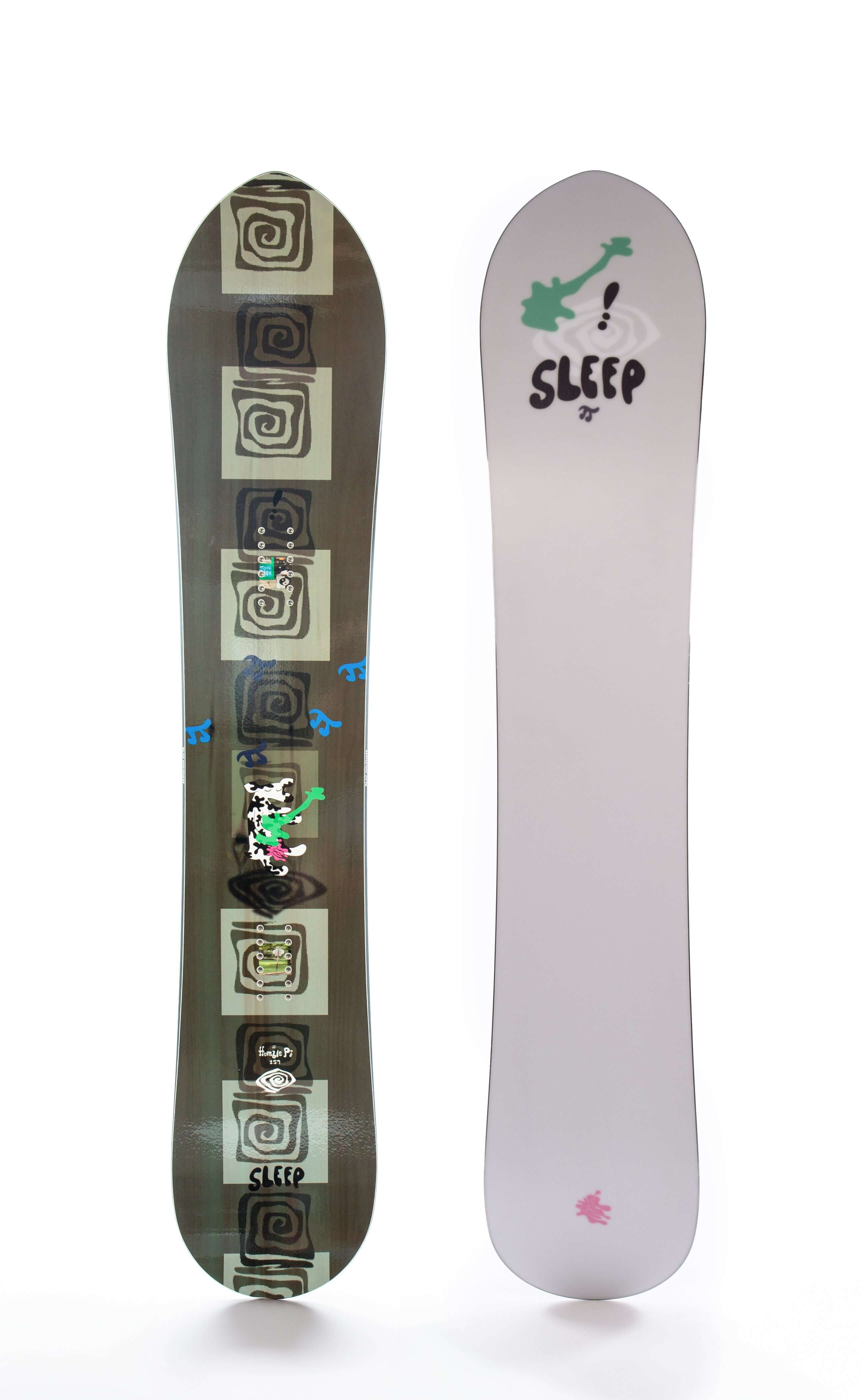 Humble Pi Snowboard 159 with unique designs, featuring MegaPow shape for precise carving and stability.