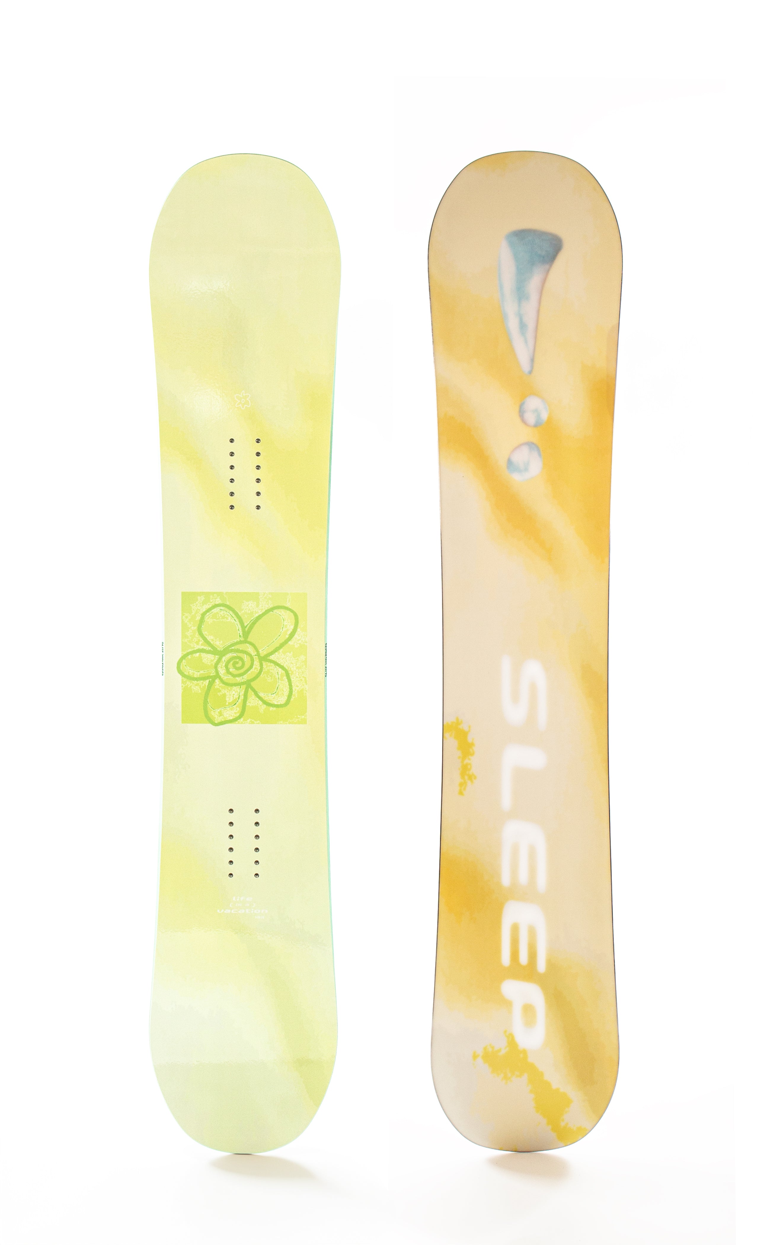 "Sleep Life Vacation Snowboard 152 with vibrant design and true twin shape for extraordinary snowboarding experiences"
