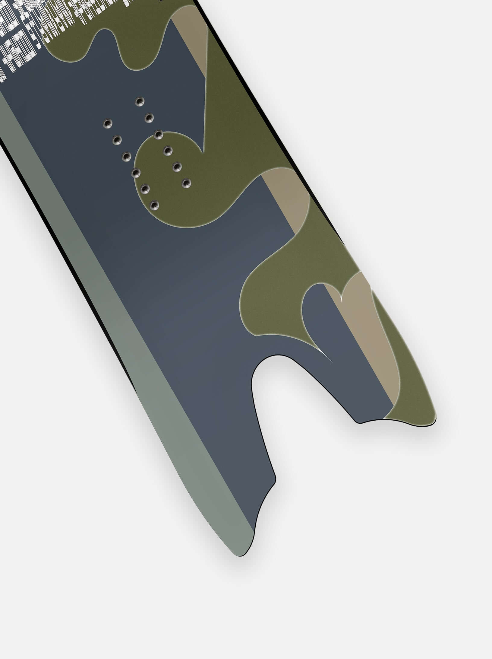 Close-up of SLEEP GOOSFRABA SWALLOW snowboard tail with a green and gray camouflage design.