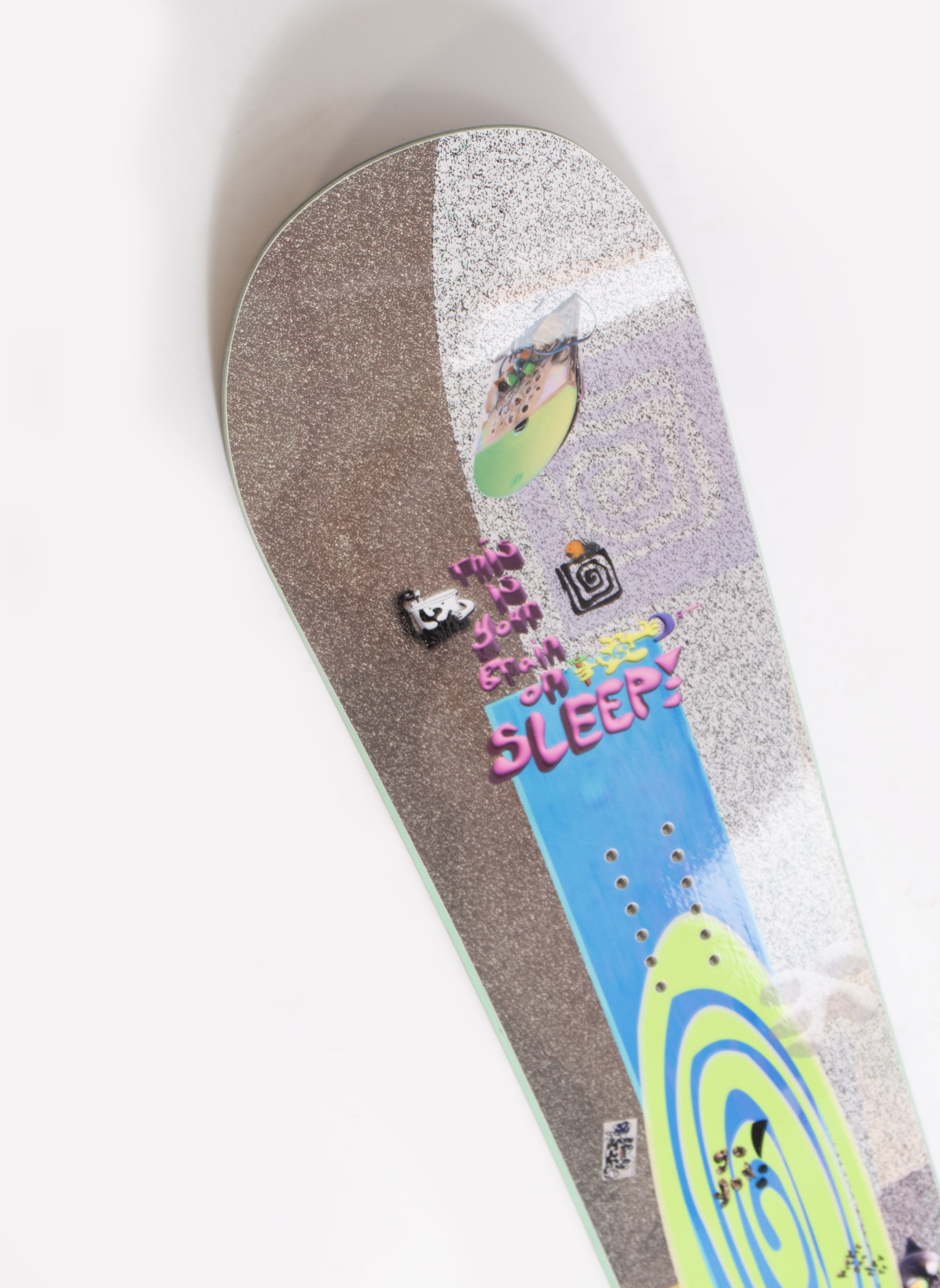 Colorful graphic on the SLEEP Ryan Paul NiteLite Pro Snowboard 150 designed for freestyle snowboarding performance.