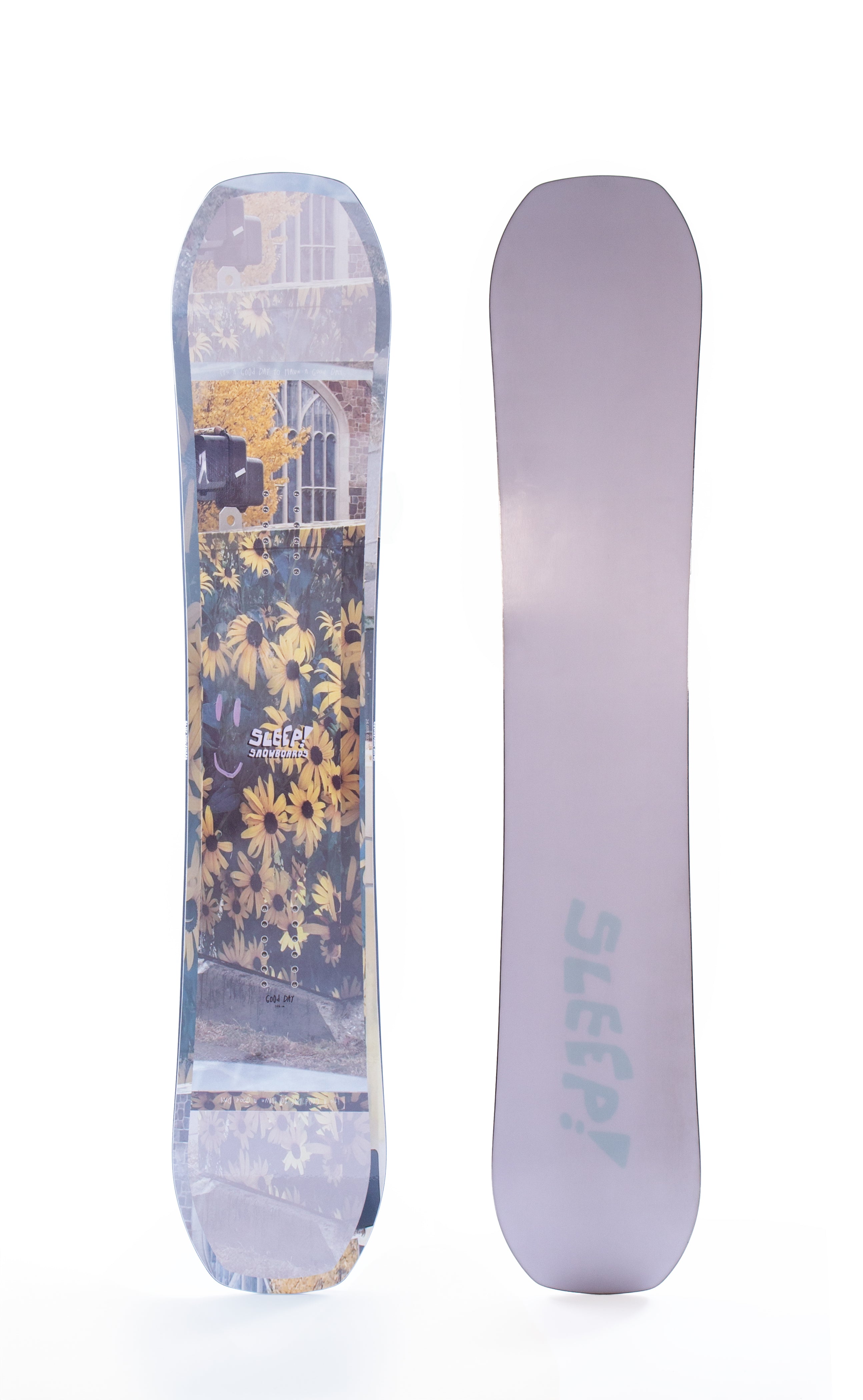 Snowboard design featuring sunflowers and "SLEEP" branding, perfect for a playful ride and unmatched performance on the mountain.