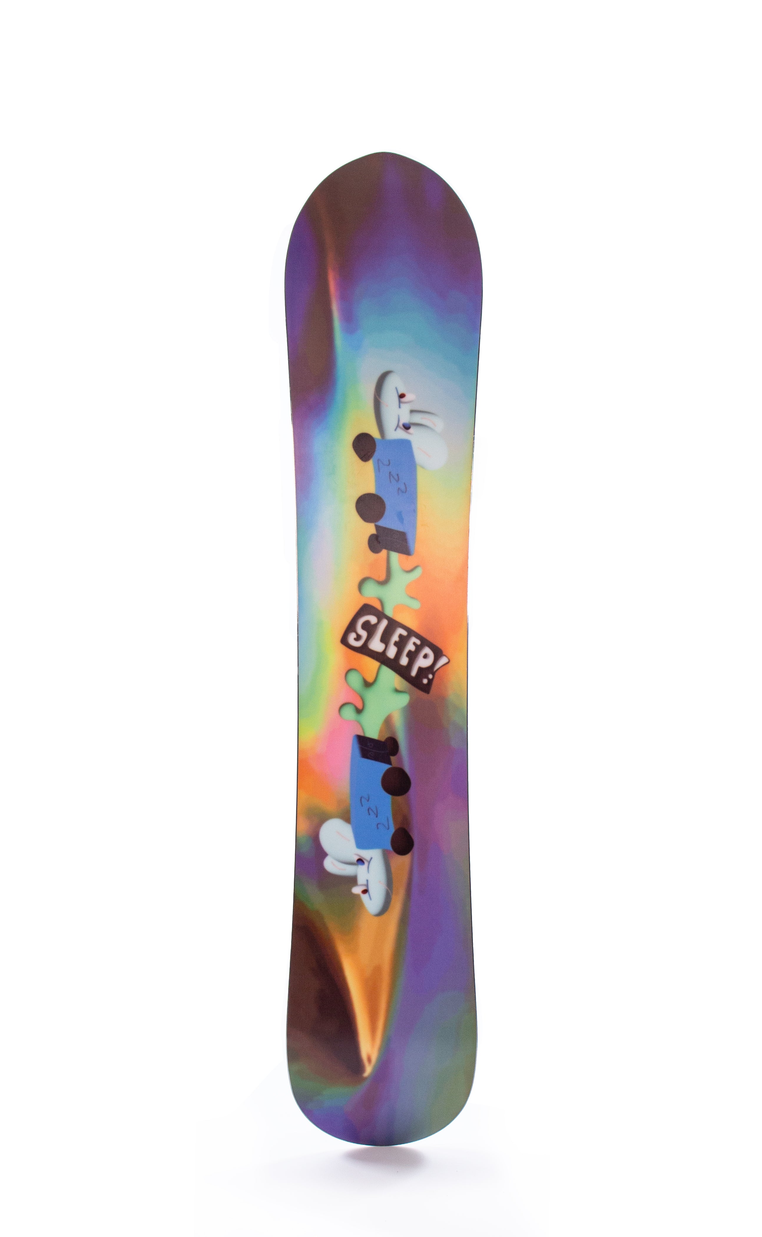 SLEEP Hitch Hiker Snowboard 155 with vibrant design for deep snow and groomers, embodying a simplistic soul surfer spirit.