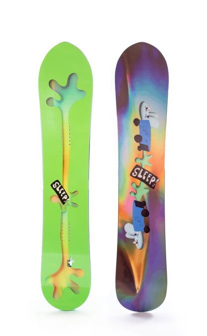 "Sleep Hitch Hiker Snowboard 155 with vibrant graphics, perfect for deep snow adventures and groomed runs."