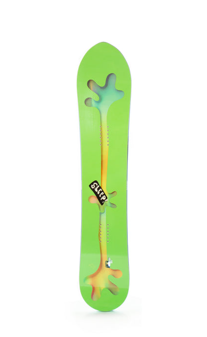 Green Sleep Hitch Hiker Snowboard 155 with colorful design, ideal for deep snow and groomed runs.