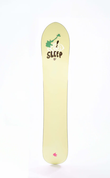 Snowboard featuring Sleep logo with unique MegaPow shape, designed for stability and agility on the slopes.