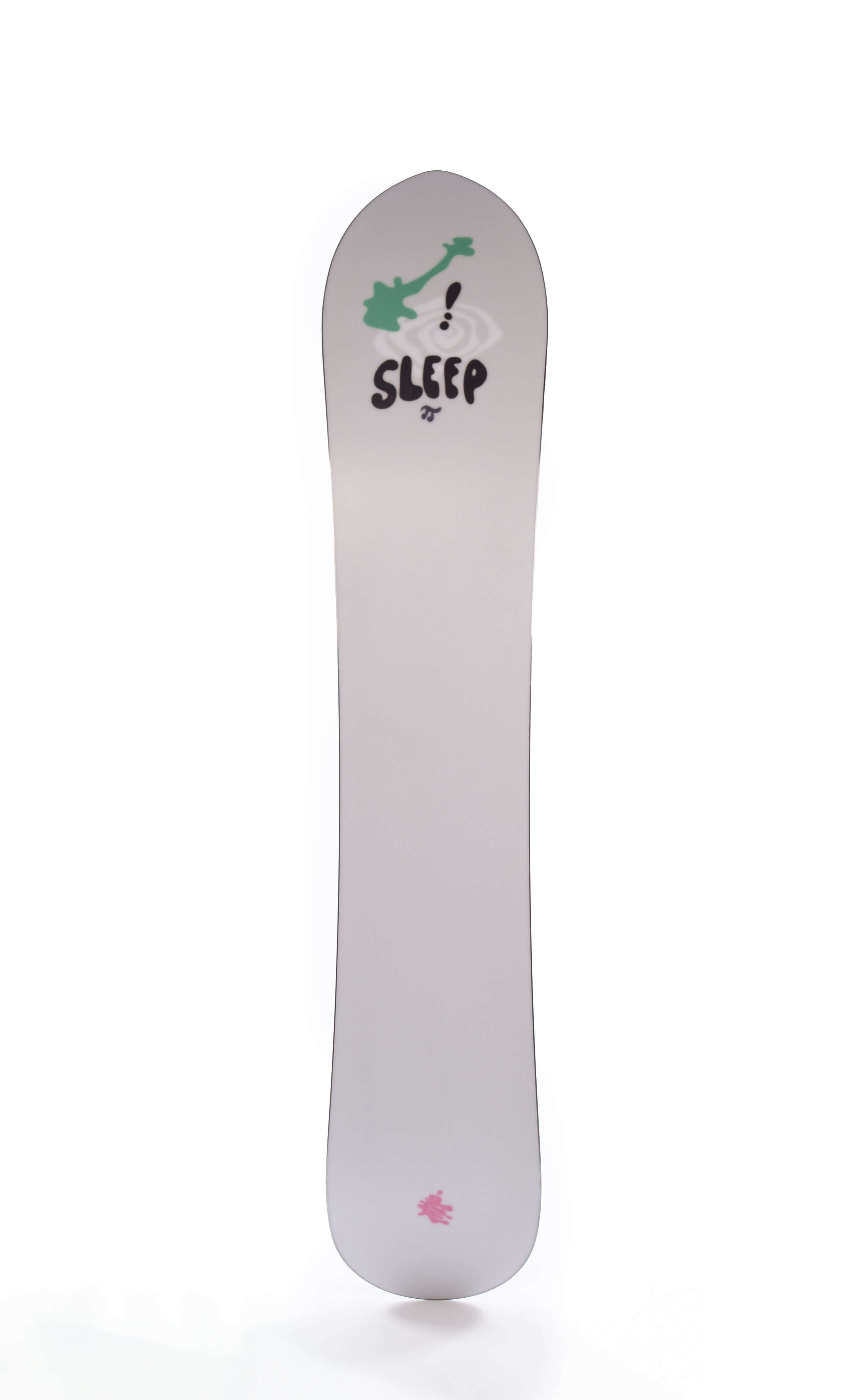 White SLEEP HUMBLE Pi snowboard with distinctive design and graphics.