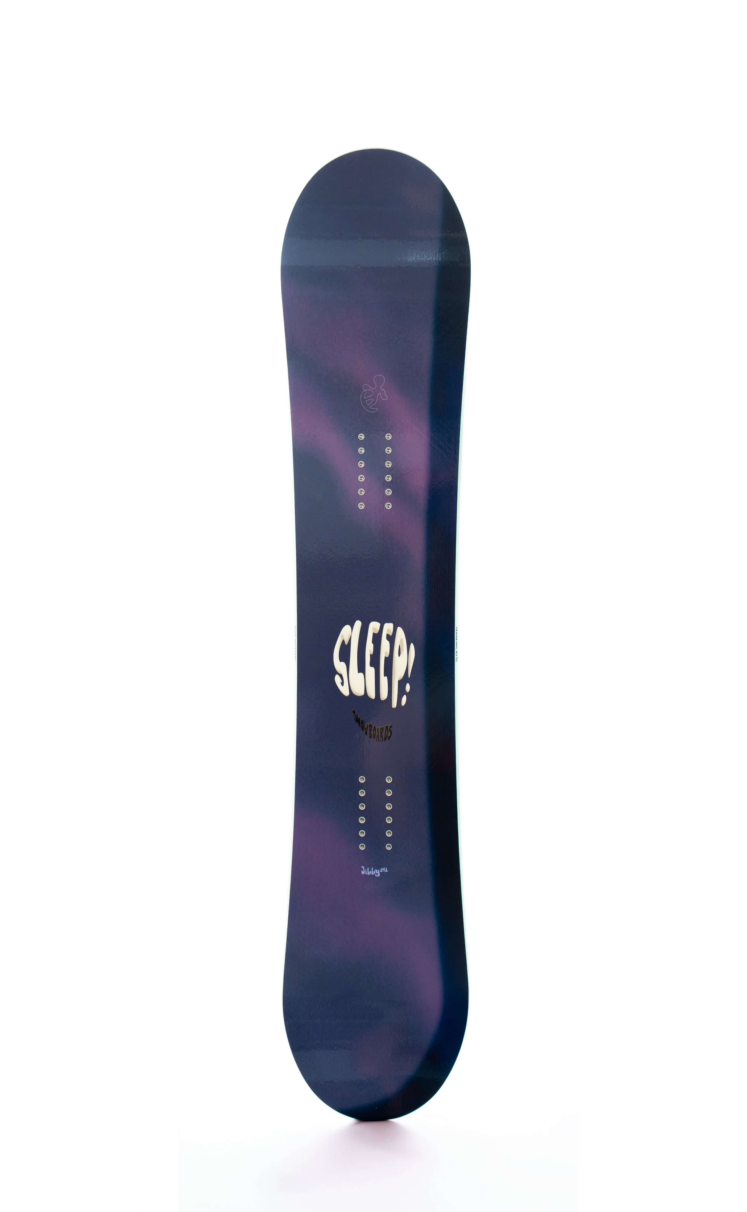 Sleep Jibby Snowboard 141 in blue-purple design, showcasing all-mountain freestyle twin-tip shape for performance and affordability.