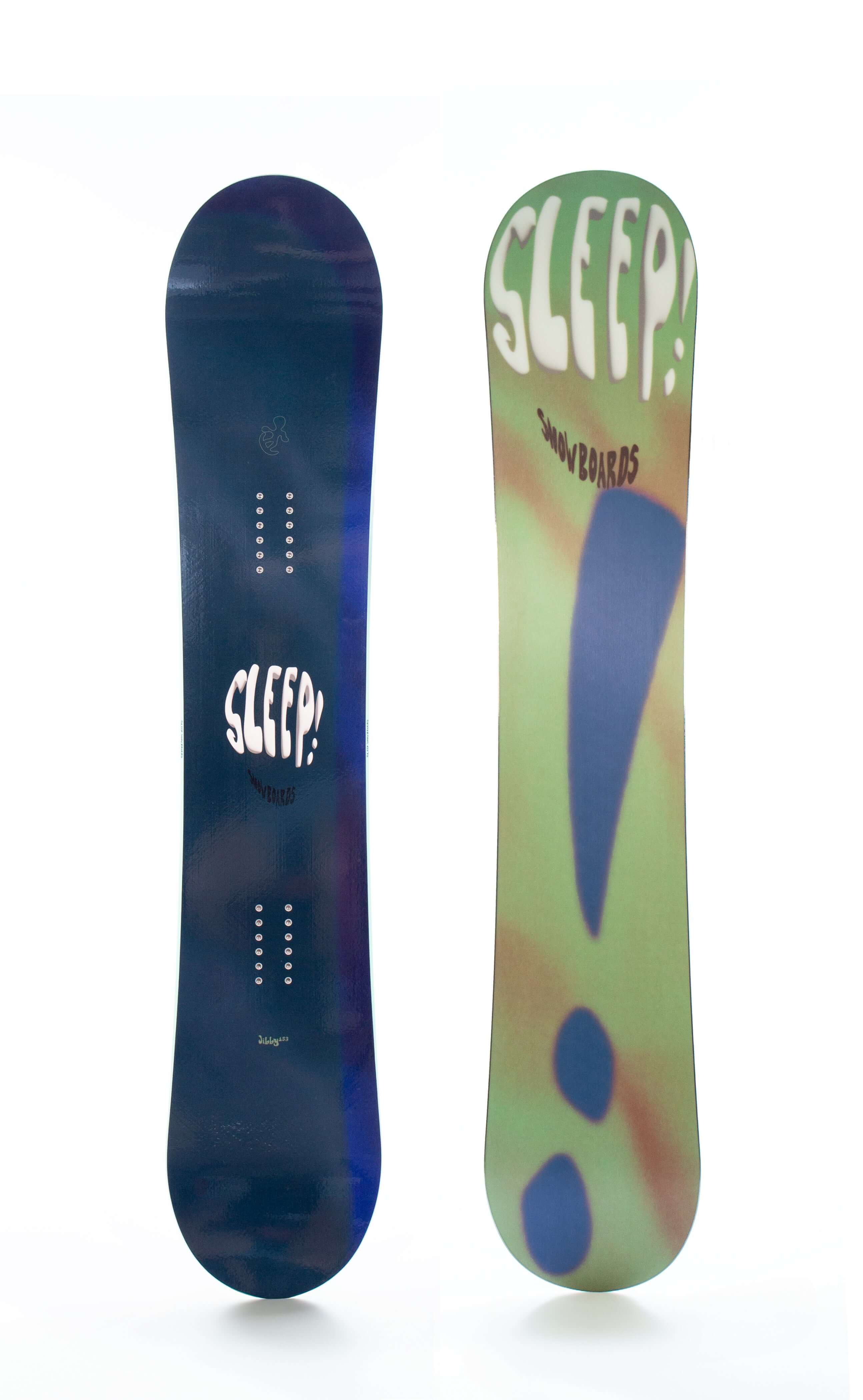 Sleep Jibby Snowboard 153, all-mountain twin-tip freestyle board with vibrant design, from Sleep Snowboards.