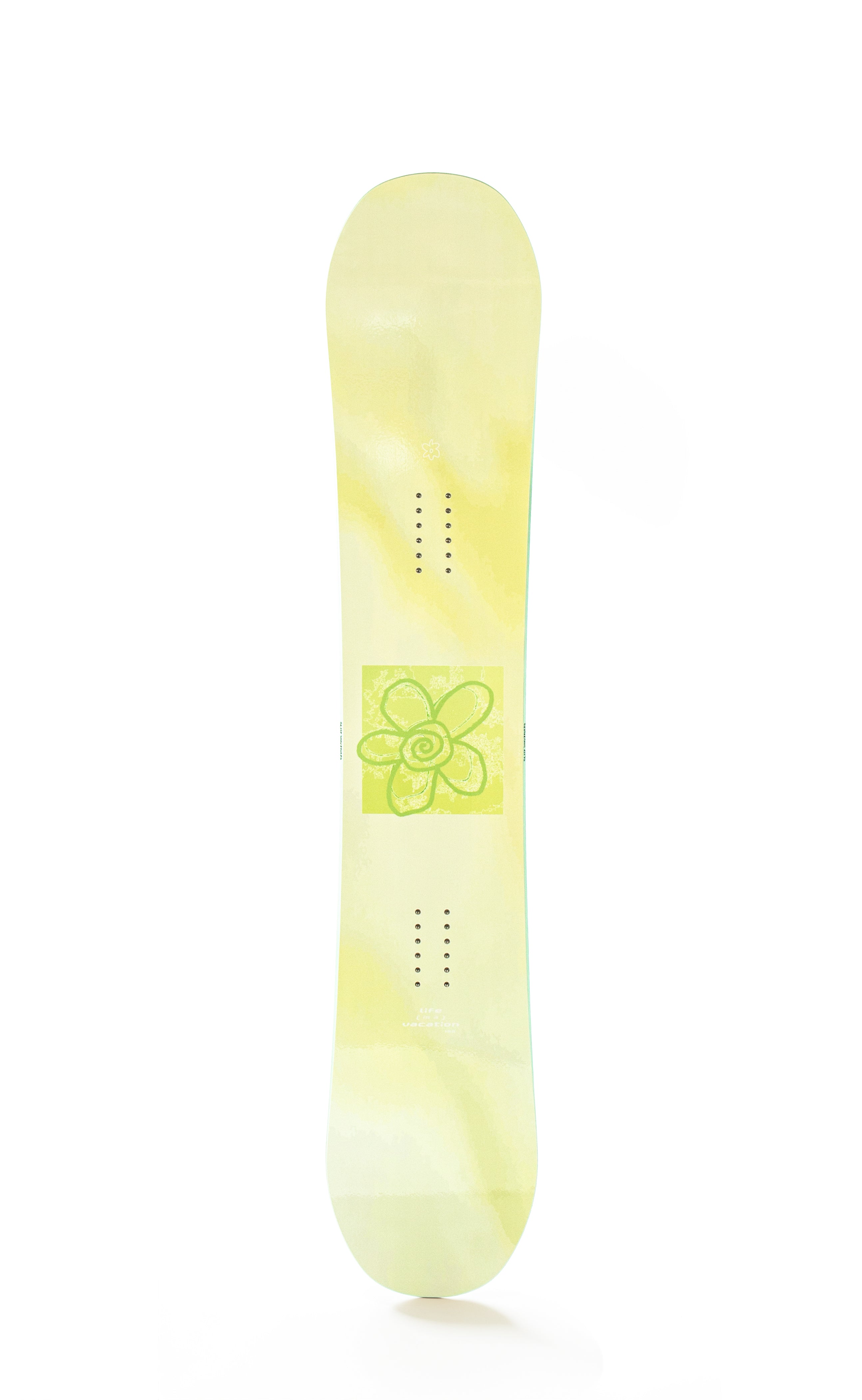 Yellow Life Vacation snowboard 152 with floral graphic, true twin shape, ideal for extraordinary snowboarding experiences