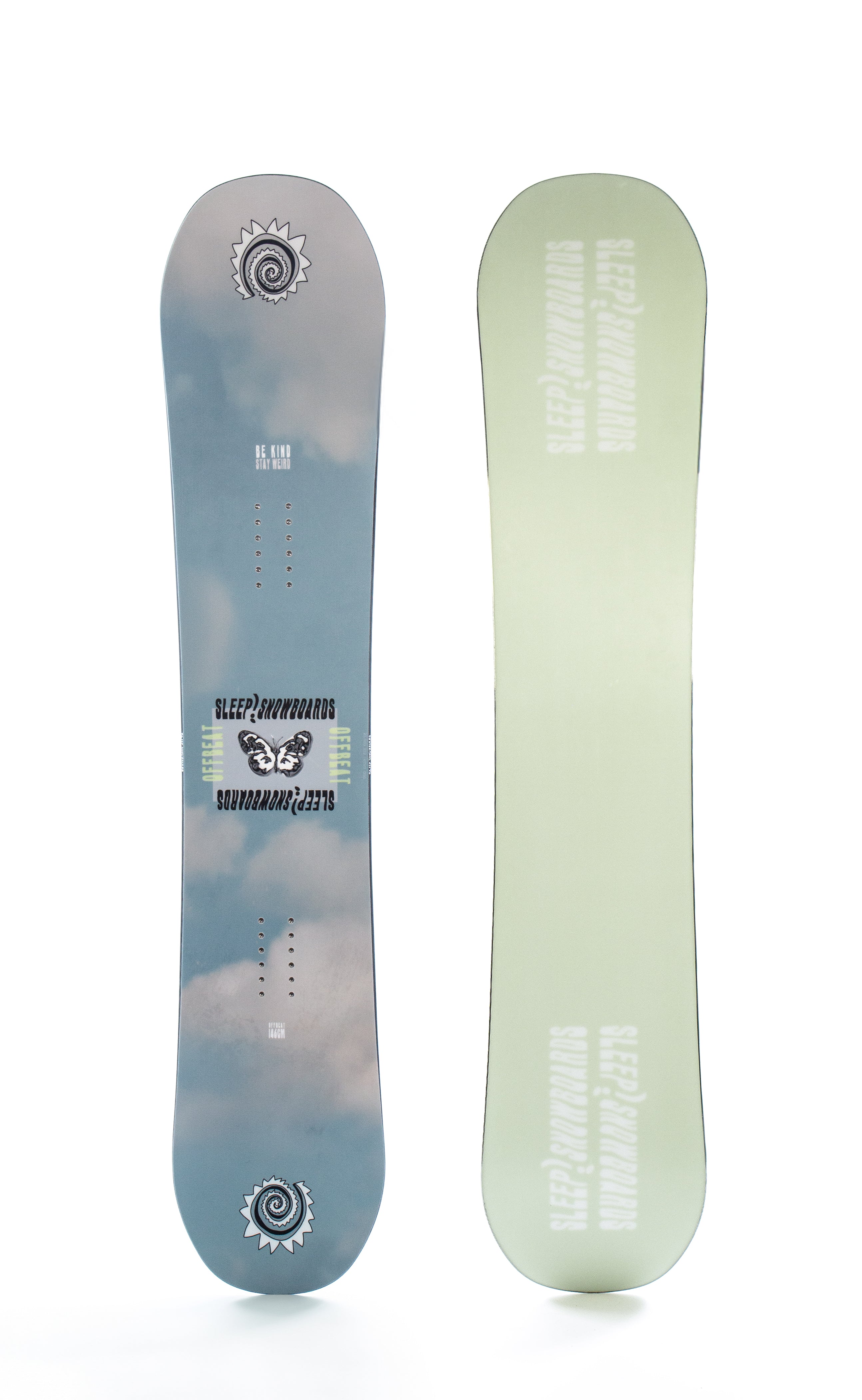 SLEEP OFFBEAT Snowboard 146 with unique design for laid-back adventures, featuring lightweight flex and carbon stringers.